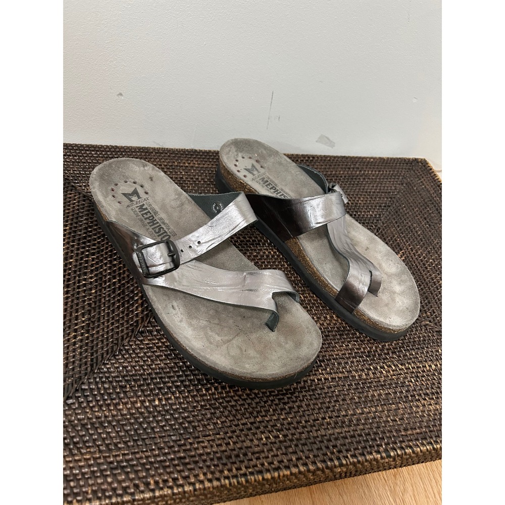 Mephisto Air-Relax Sandals Women 39 Silver Metallic Leather Gorpcore Slides